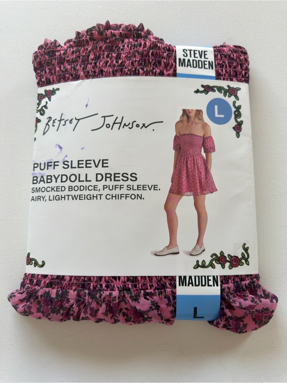 NWT Women's Betsey Johnson Puff Sleeve Babydoll Dress Pink Floral Size L (G4)